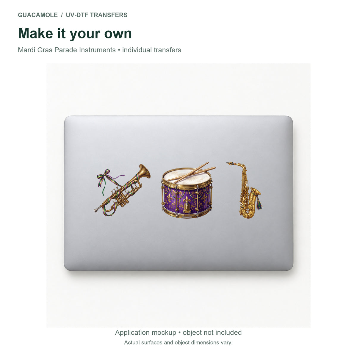 Mardi Gras Parade Instruments — Three designs on a laptop