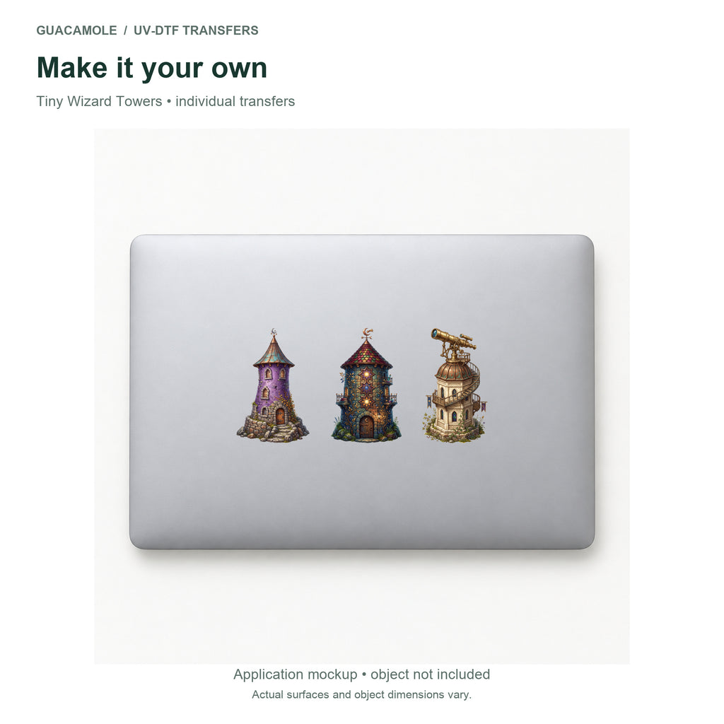 Tiny Wizard Towers — Three designs on a laptop