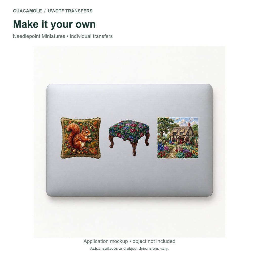 Needlepoint Miniatures — Three designs on a laptop
