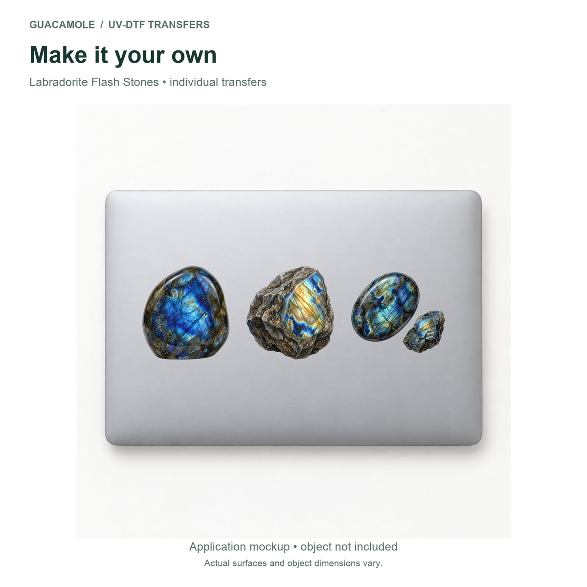 Labradorite Flash Stones — Three designs on a laptop