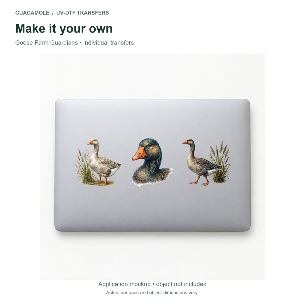 Goose Farm Guardians — Three designs on a laptop