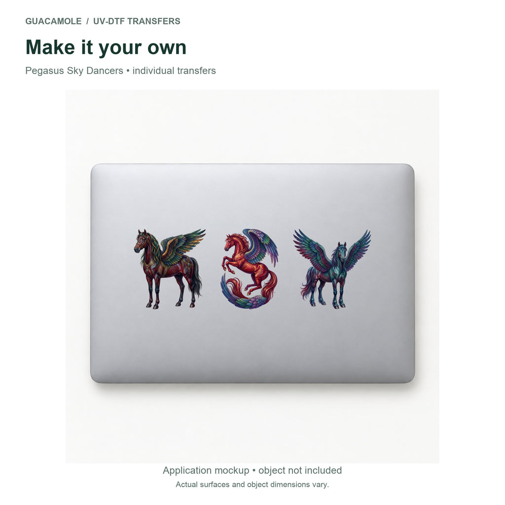 Pegasus Sky Dancers — Three designs on a laptop