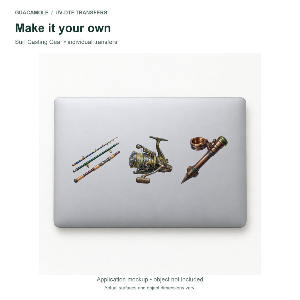 Surf Casting Gear — Three designs on a laptop