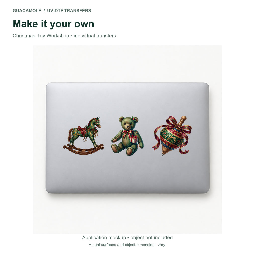 Christmas Toy Workshop — Three designs on a laptop
