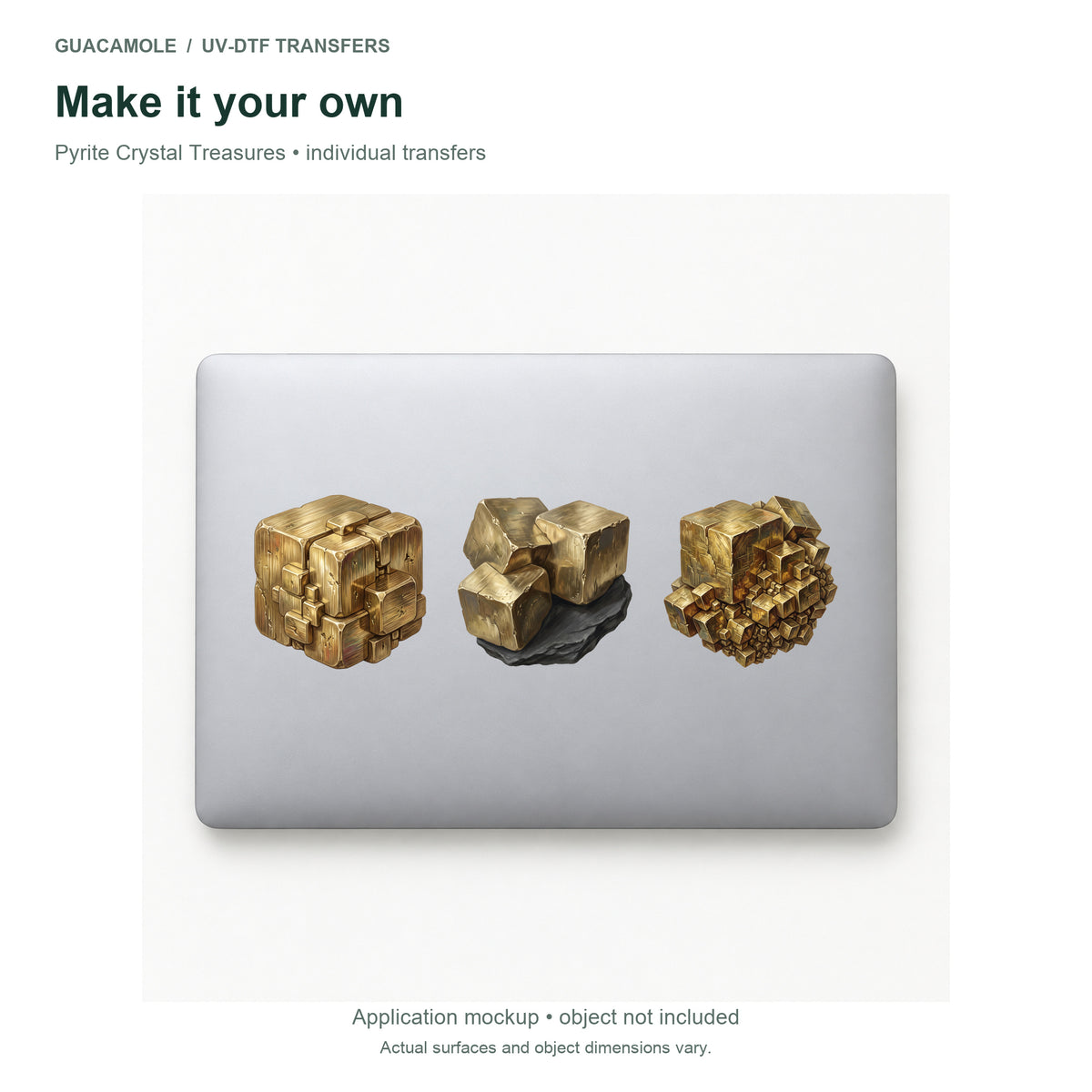 Pyrite Crystal Treasures — Three designs on a laptop