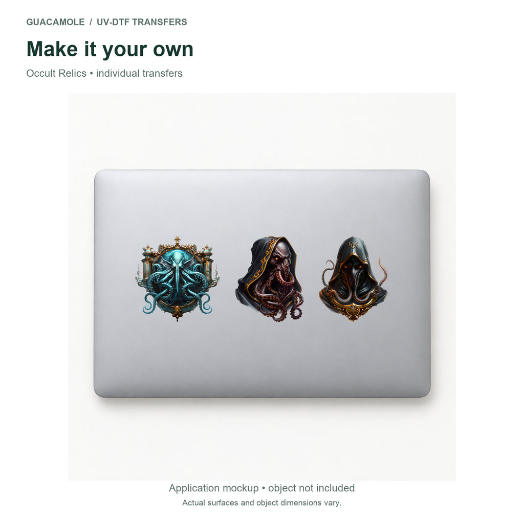 Occult Relics — Three designs on a laptop