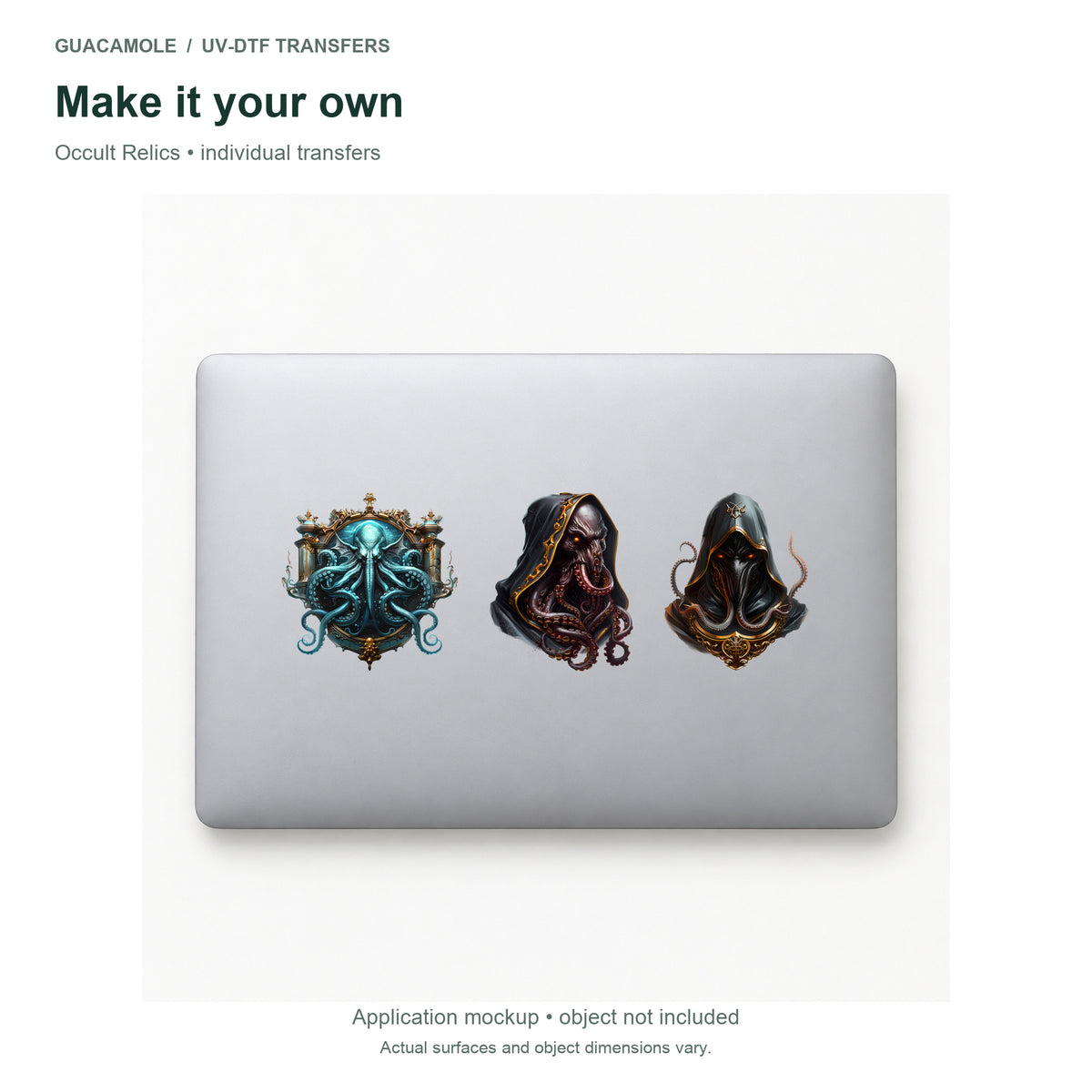 Occult Relics — Three designs on a laptop