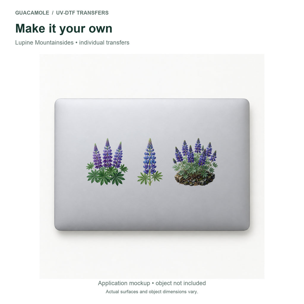 Lupine Mountainsides — Three designs on a laptop
