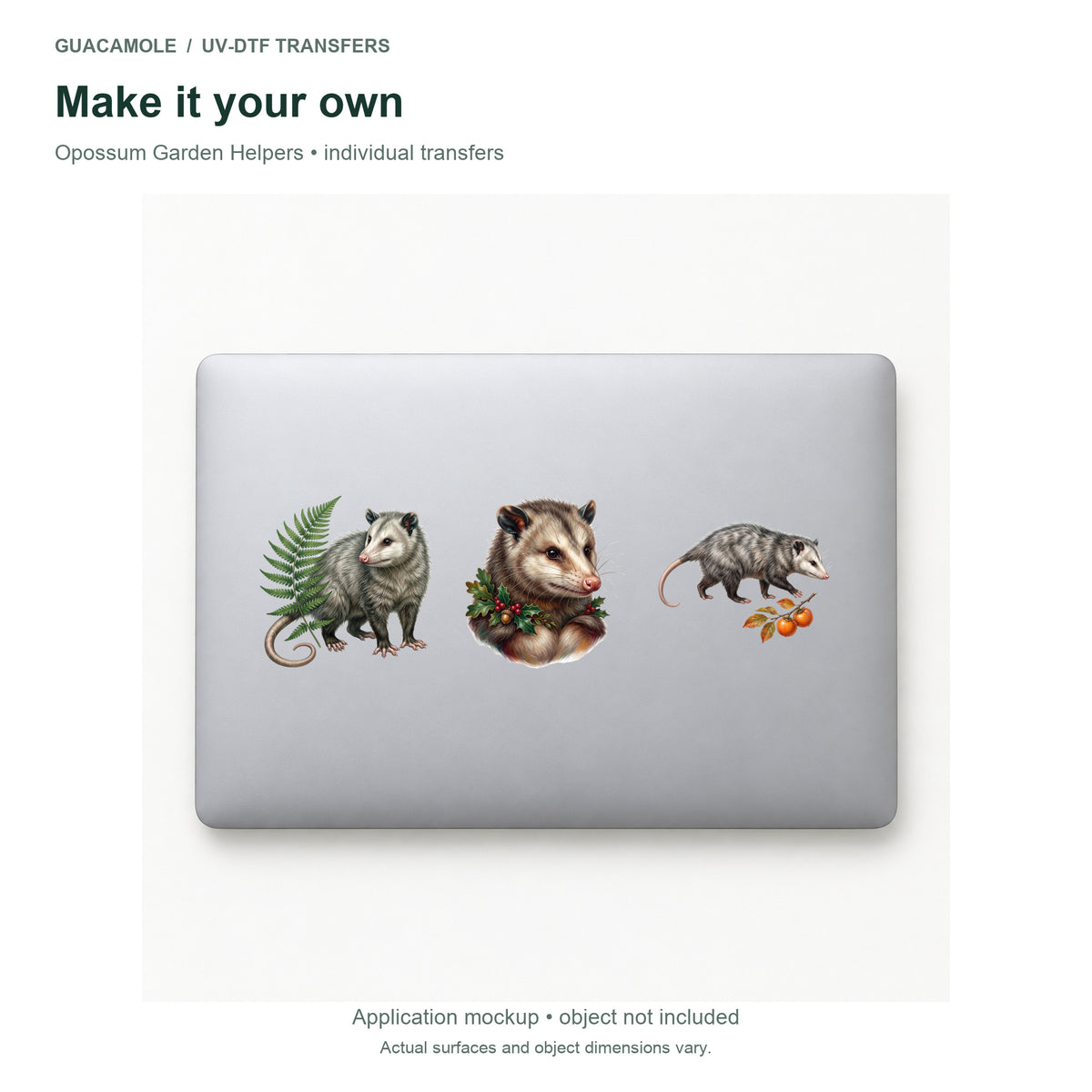 Opossum Garden Helpers — Three designs on a laptop