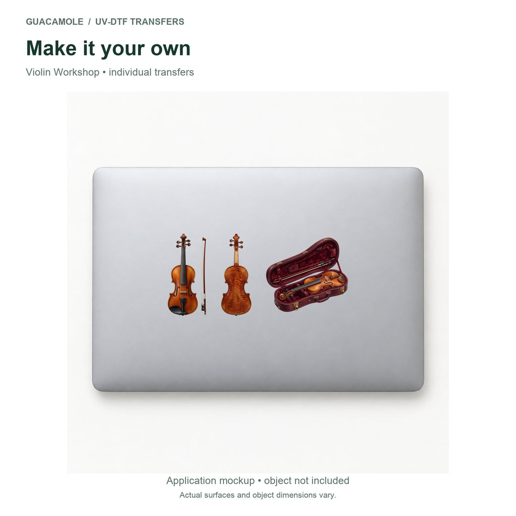 Violin Workshop — Three designs on a laptop