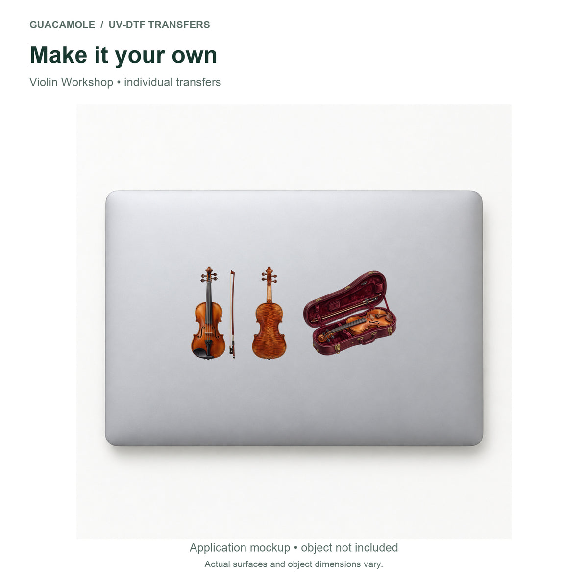 Violin Workshop — Three designs on a laptop