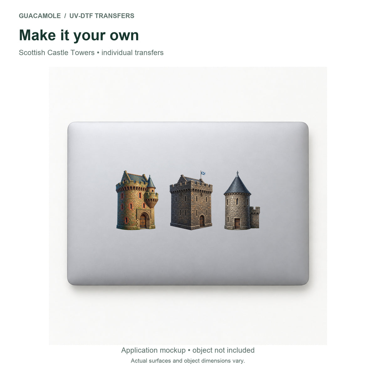 Scottish Castle Towers — Three designs on a laptop
