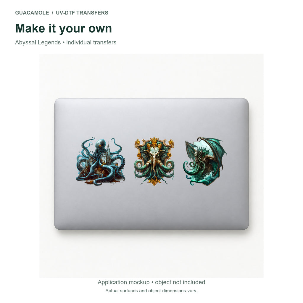 Abyssal Legends — Three designs on a laptop