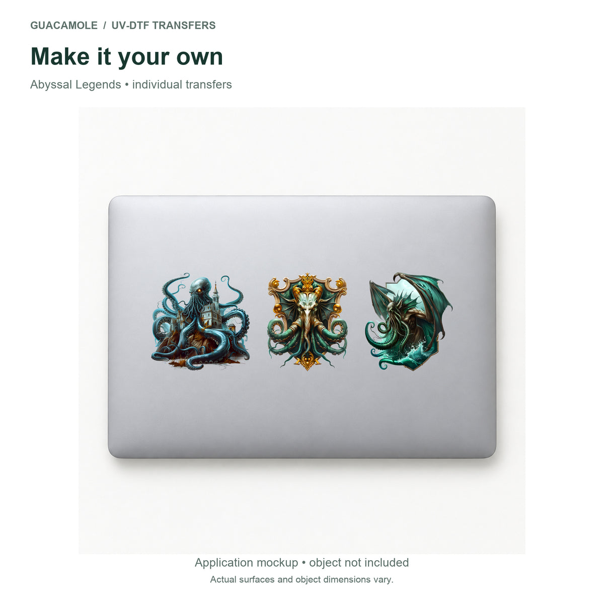 Abyssal Legends — Three designs on a laptop