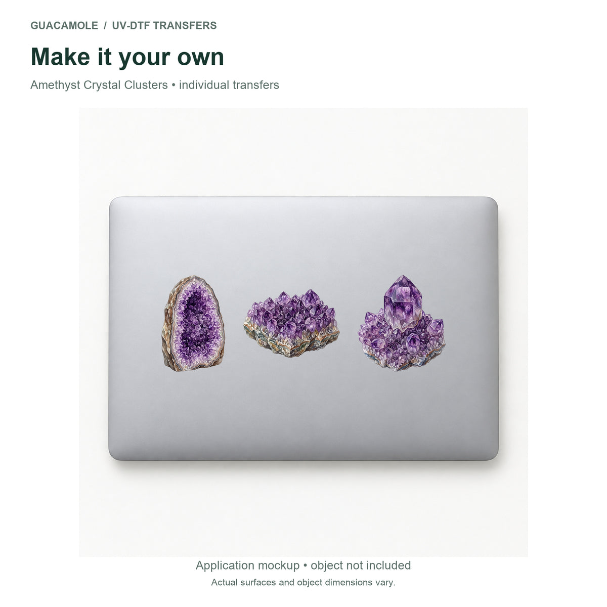 Amethyst Crystal Clusters — Three designs on a laptop
