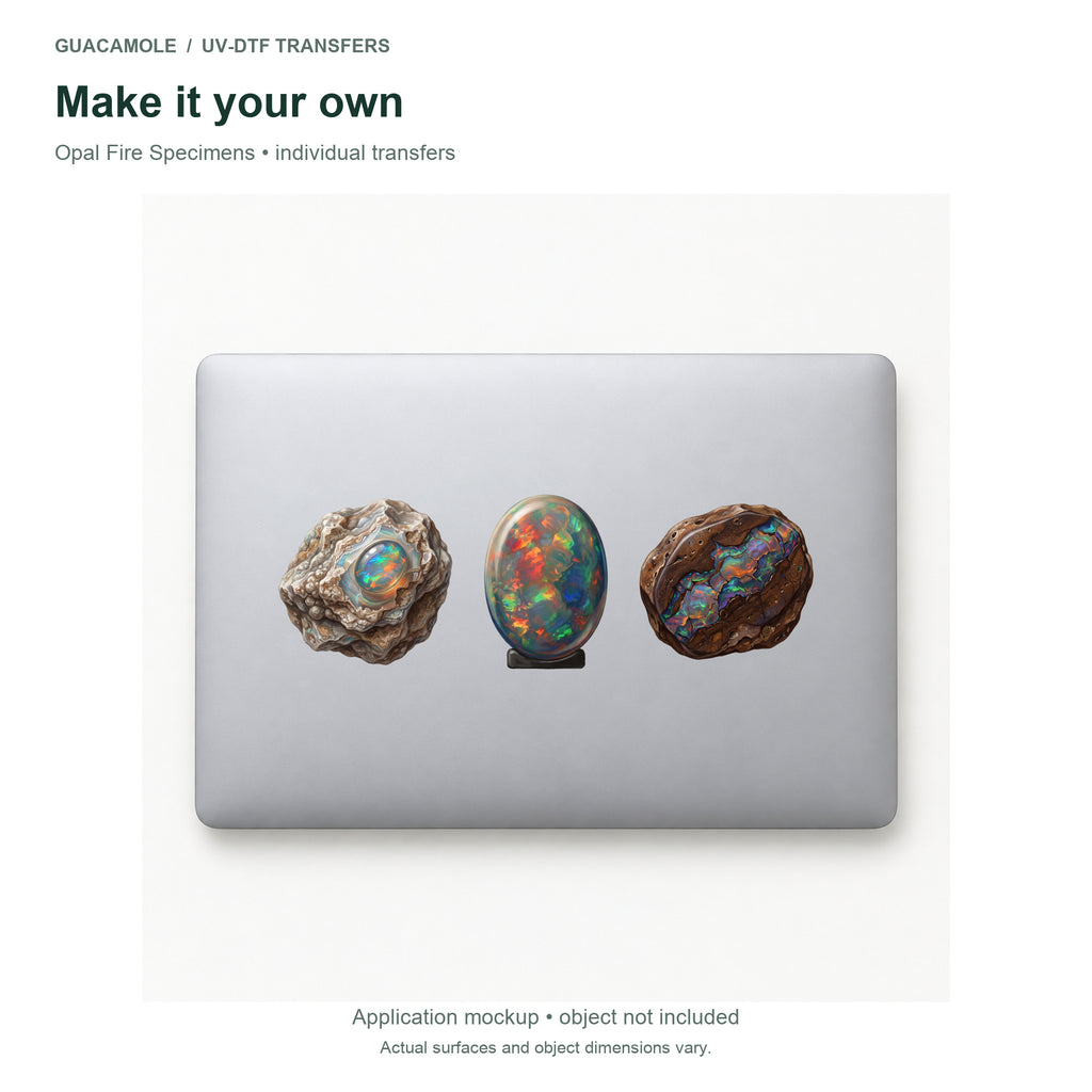 Opal Fire Specimens — Three designs on a laptop