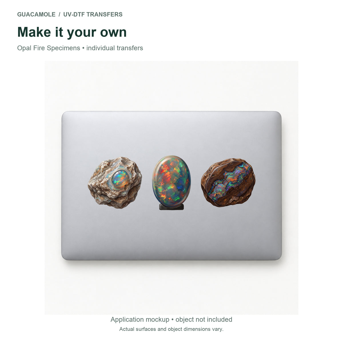 Opal Fire Specimens — Three designs on a laptop