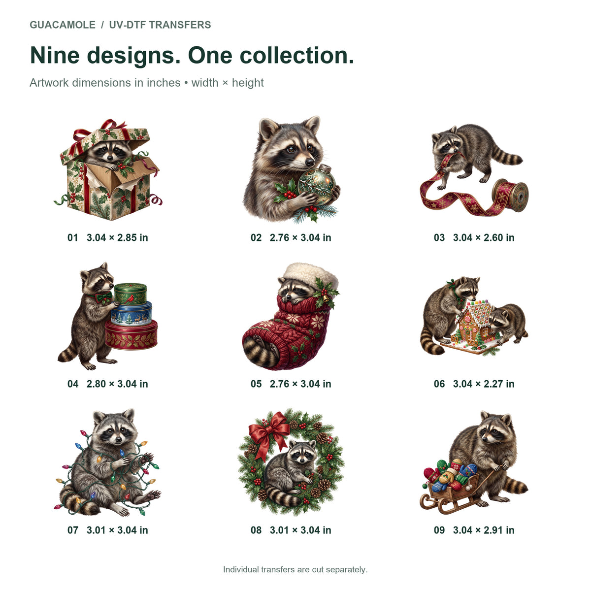 Christmas Raccoon Mischief — Nine designs and sizes