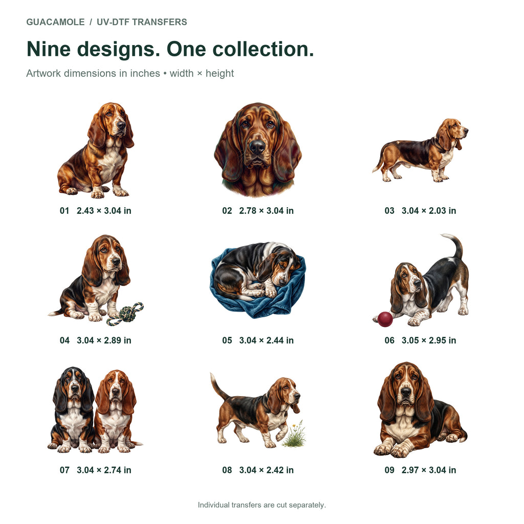 Basset Hounds — Nine designs and sizes
