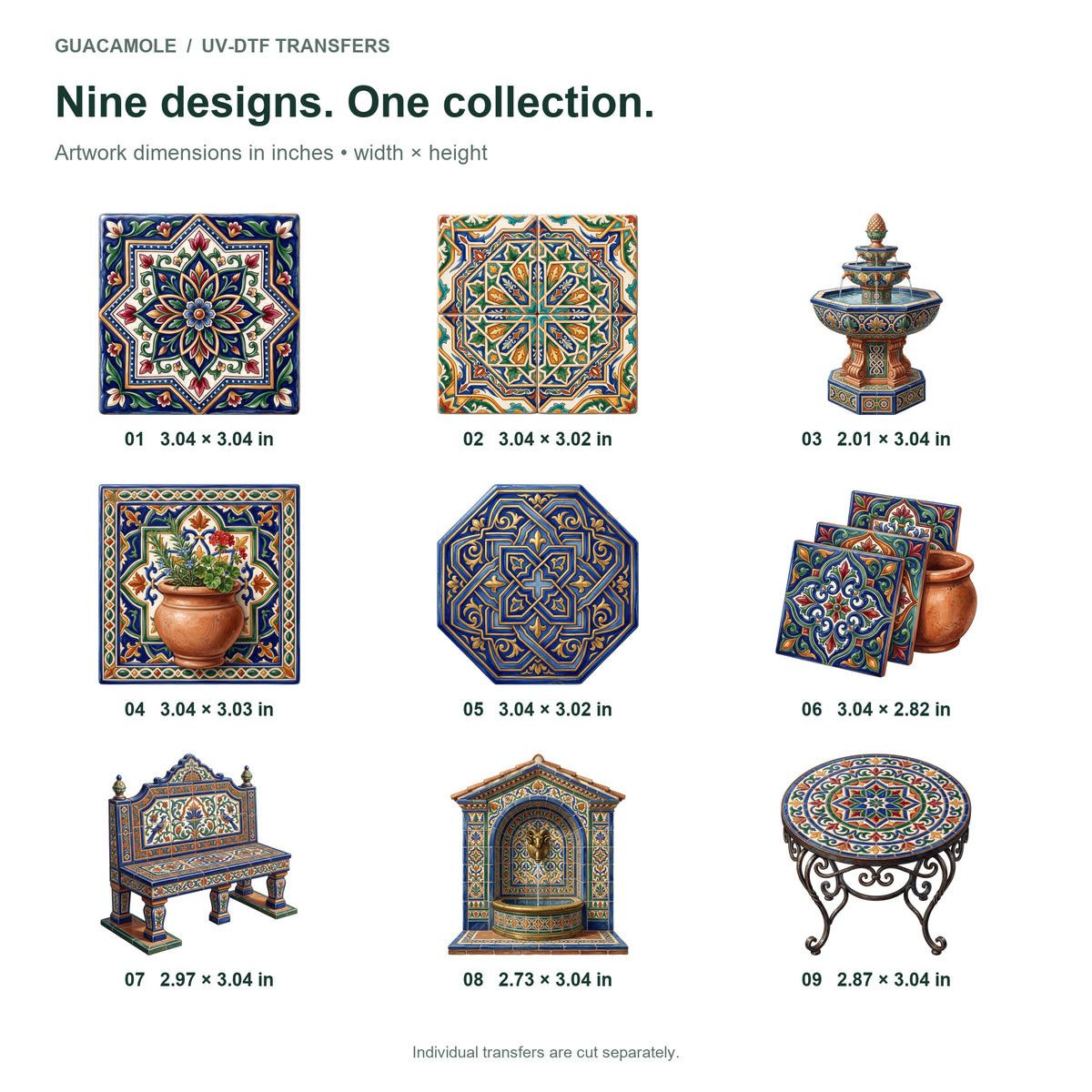 Spanish Courtyard Tiles — Nine designs and sizes