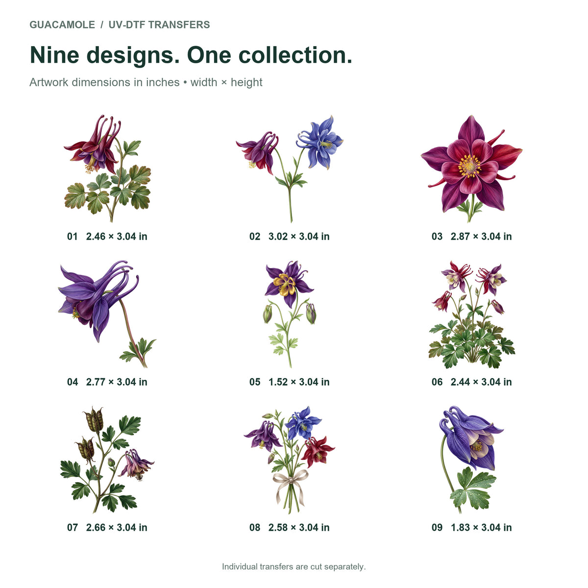 Columbine Flowers — Nine designs and sizes