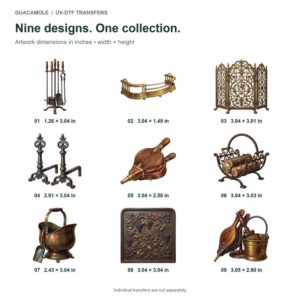 Antique Fireplace Tools — Nine designs and sizes
