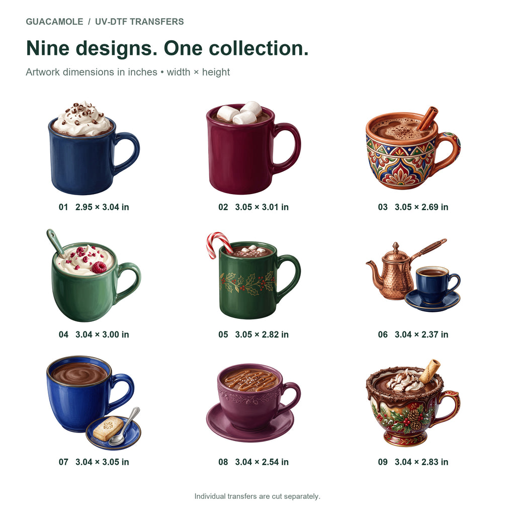 Hot Chocolate Mugs — Nine designs and sizes