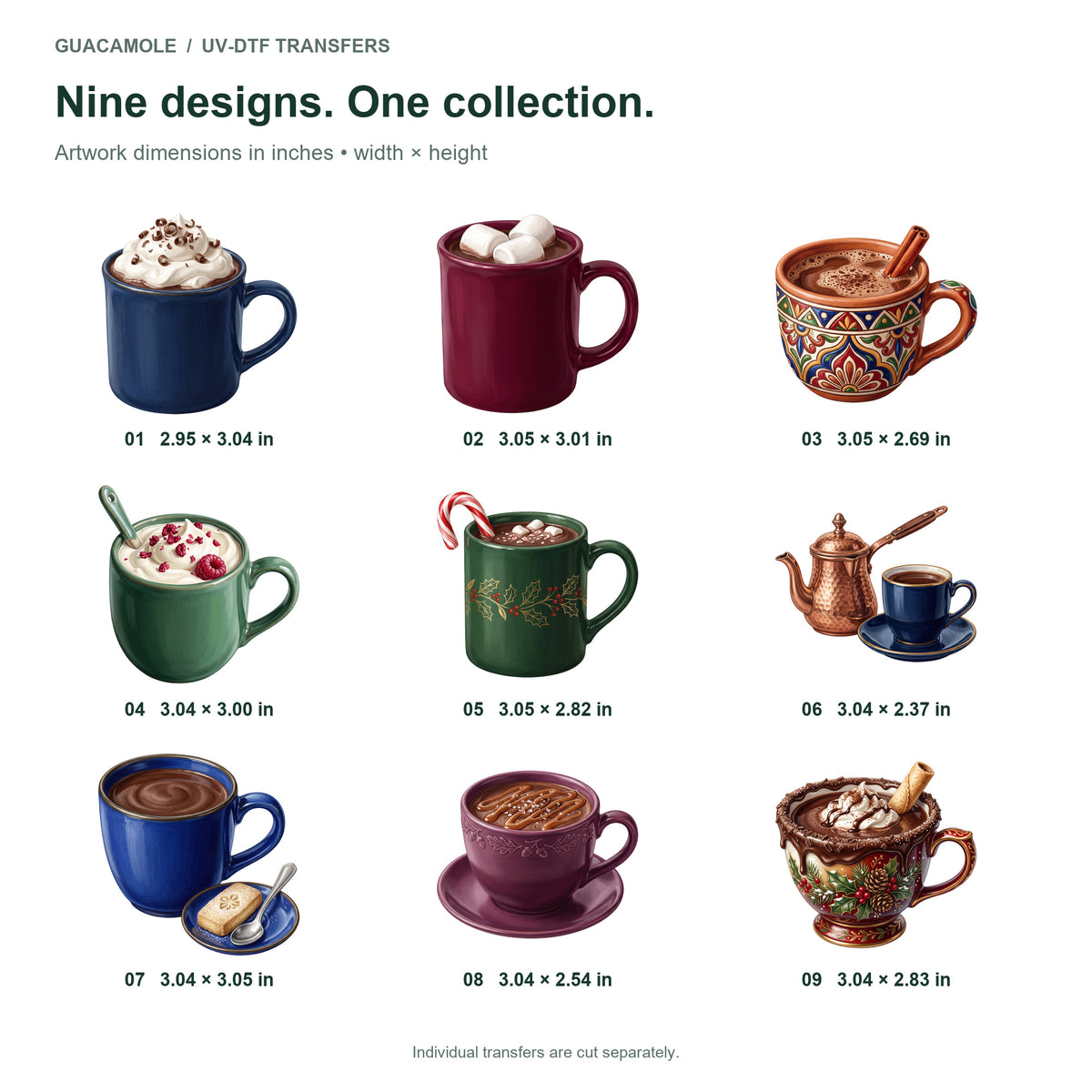 Hot Chocolate Mugs — Nine designs and sizes