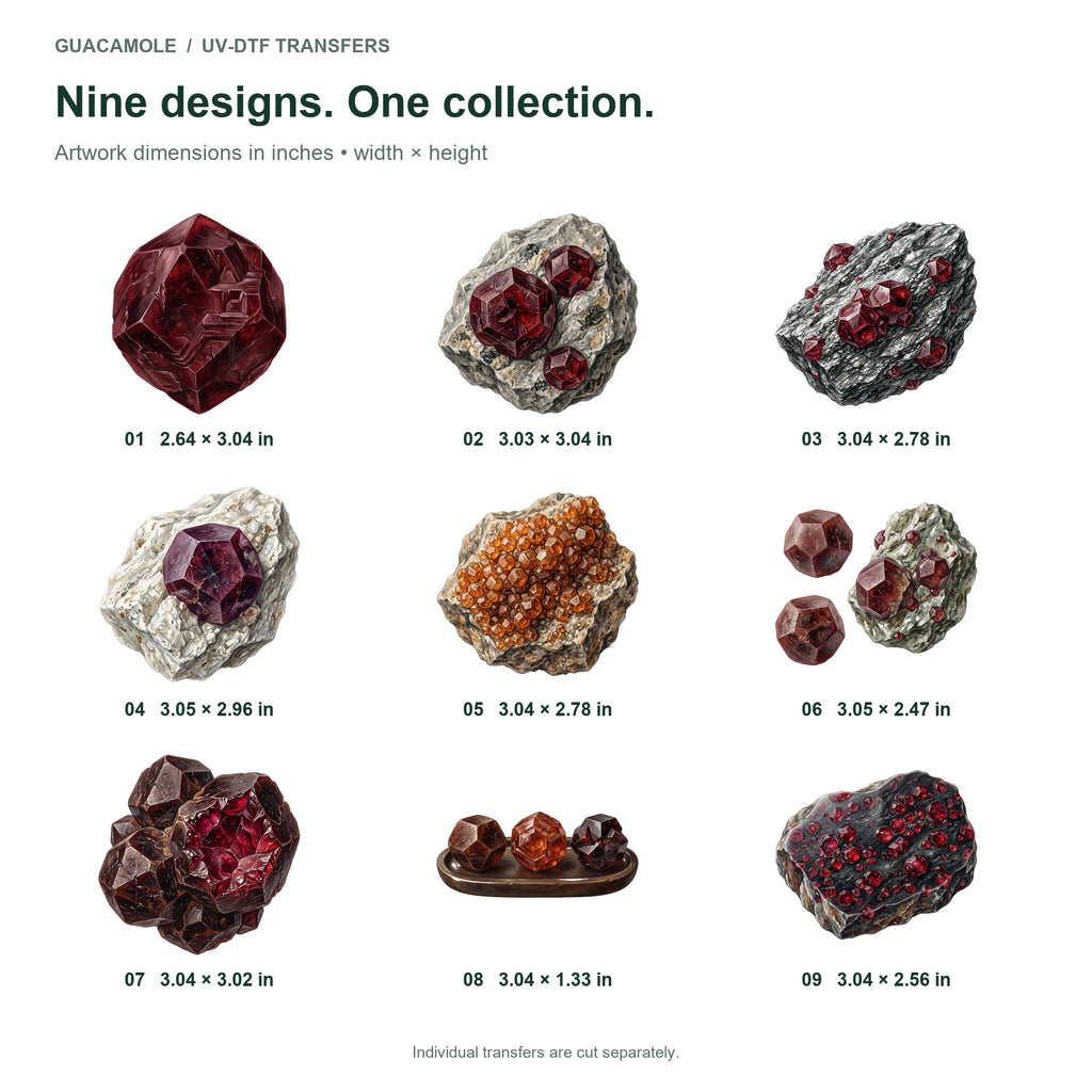 Garnet Mineral Specimens — Nine designs and sizes