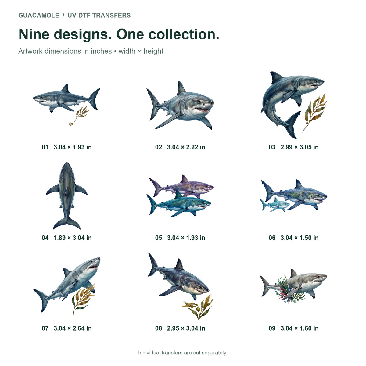 Great White Sharks — Nine designs and sizes