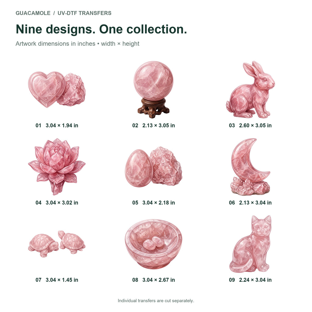 Rose Quartz Carvings — Nine designs and sizes