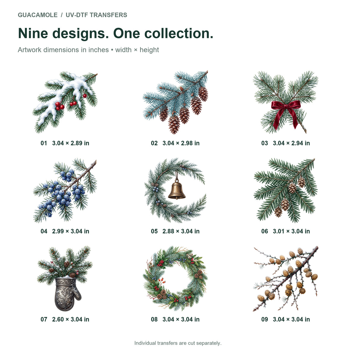 Frosted Evergreen Boughs — Nine designs and sizes
