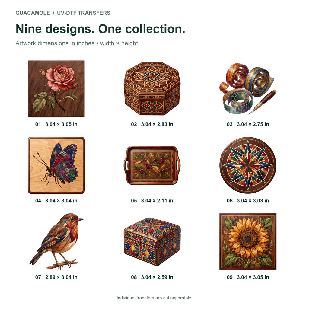 Marquetry Wood Patterns — Nine designs and sizes