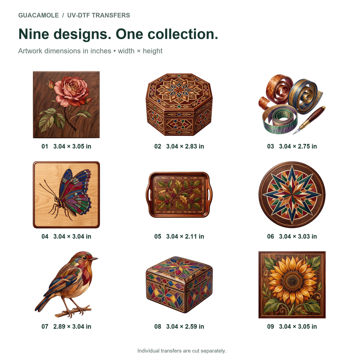 Marquetry Wood Patterns — Nine designs and sizes