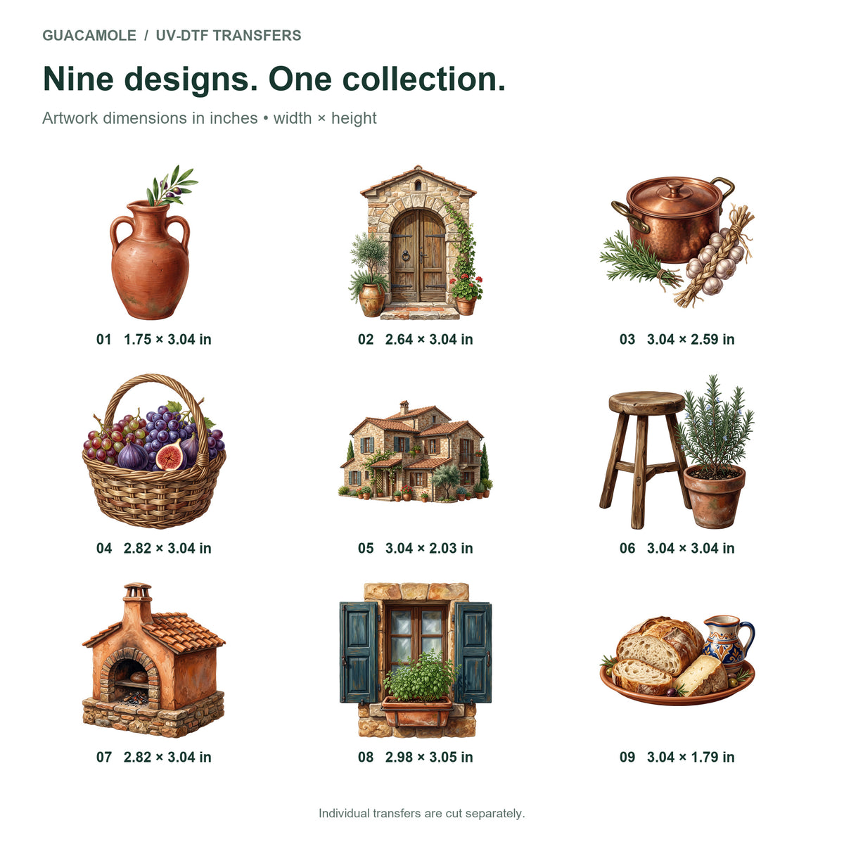 Tuscan Farmhouse Objects — Nine designs and sizes