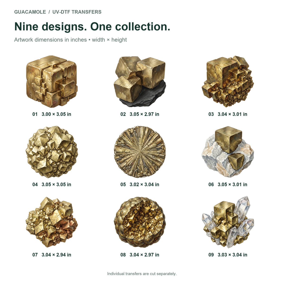 Pyrite Crystal Treasures — Nine designs and sizes