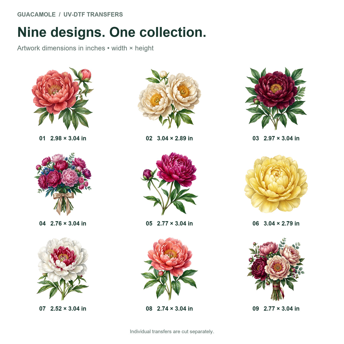 Peony Flowers — Nine designs and sizes