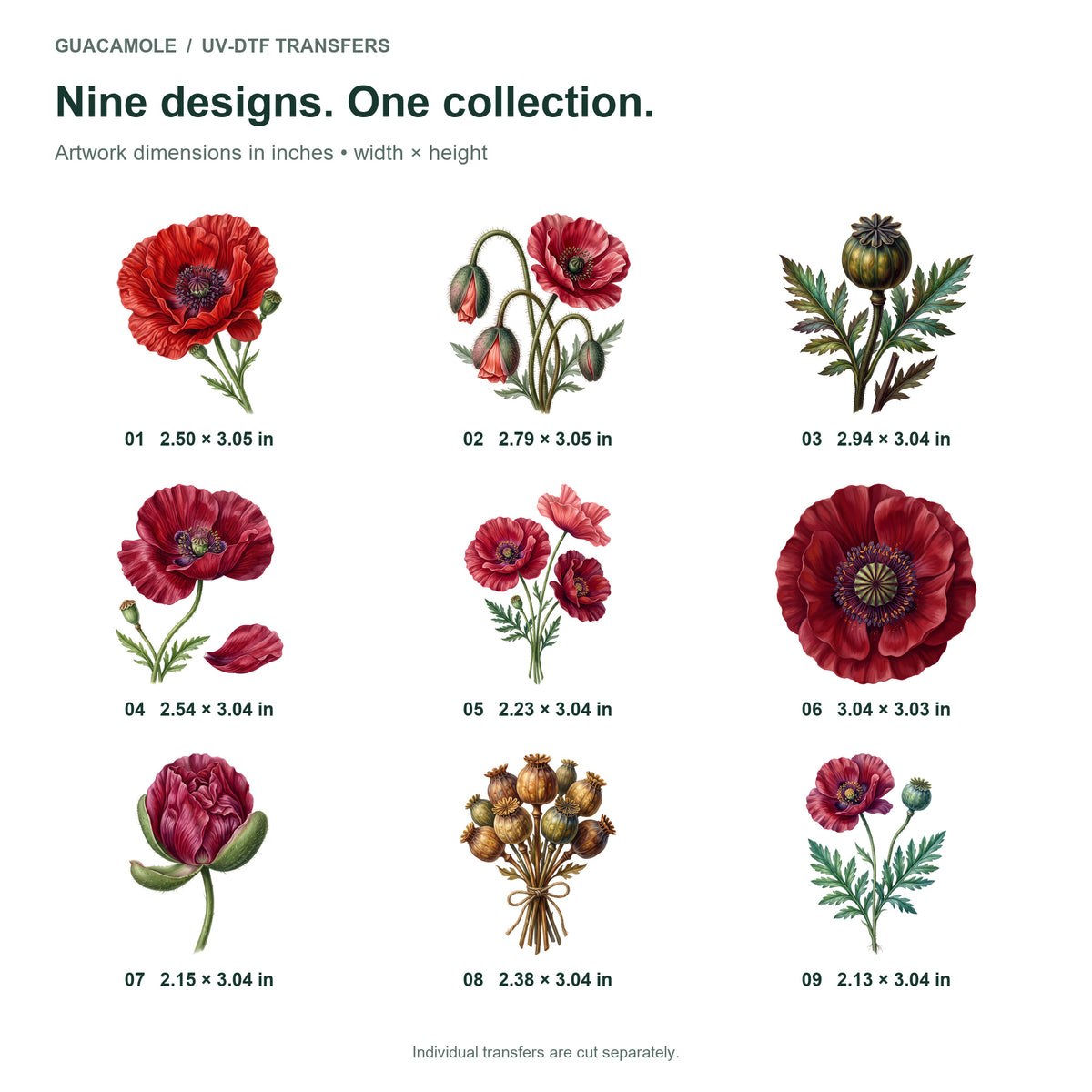 Poppies and Seedpods — Nine designs and sizes