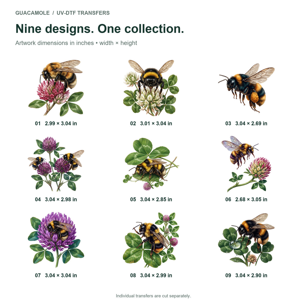 Bumblebees in Clover — Nine designs and sizes