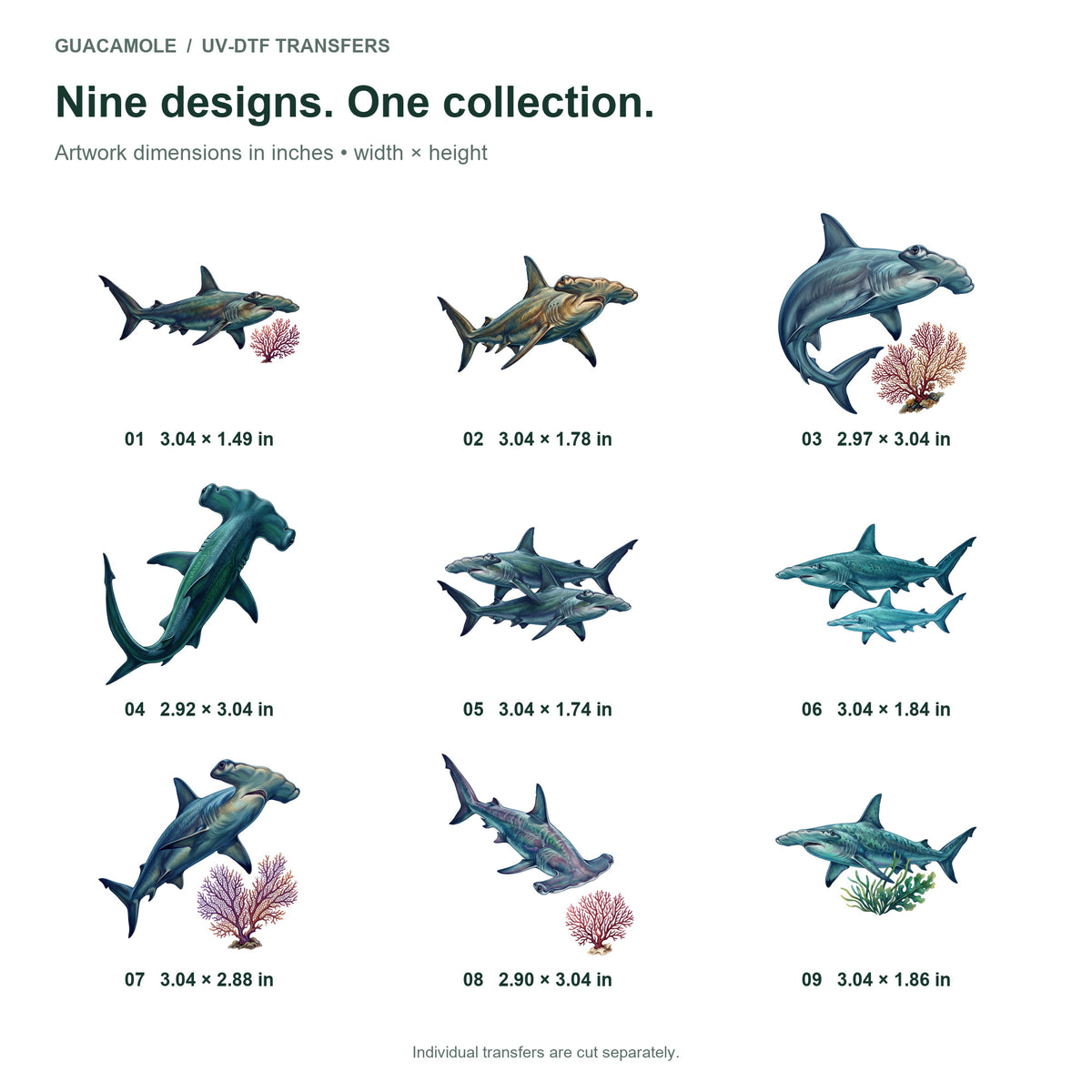 Hammerhead Sharks — Nine designs and sizes