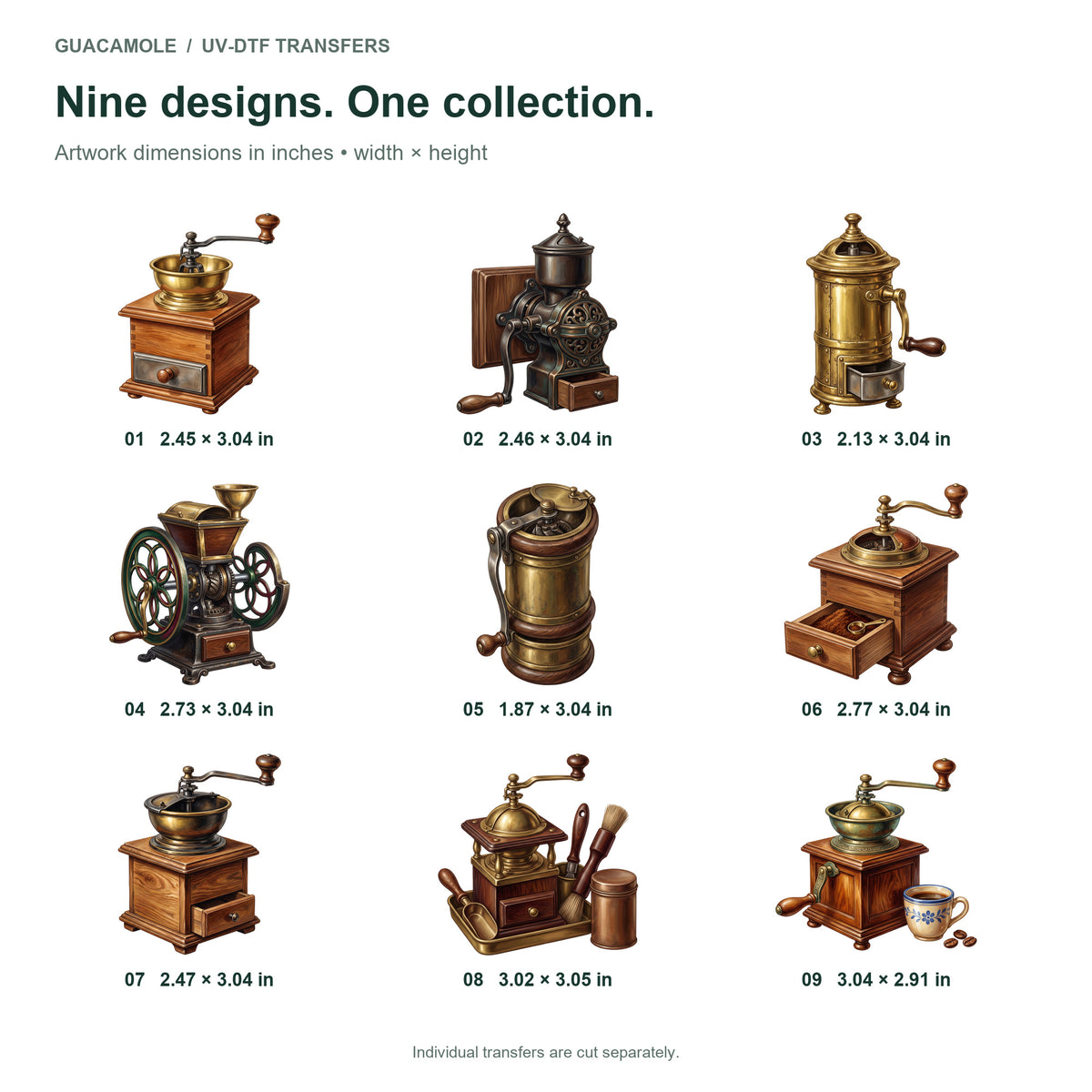 Antique Coffee Grinders — Nine designs and sizes
