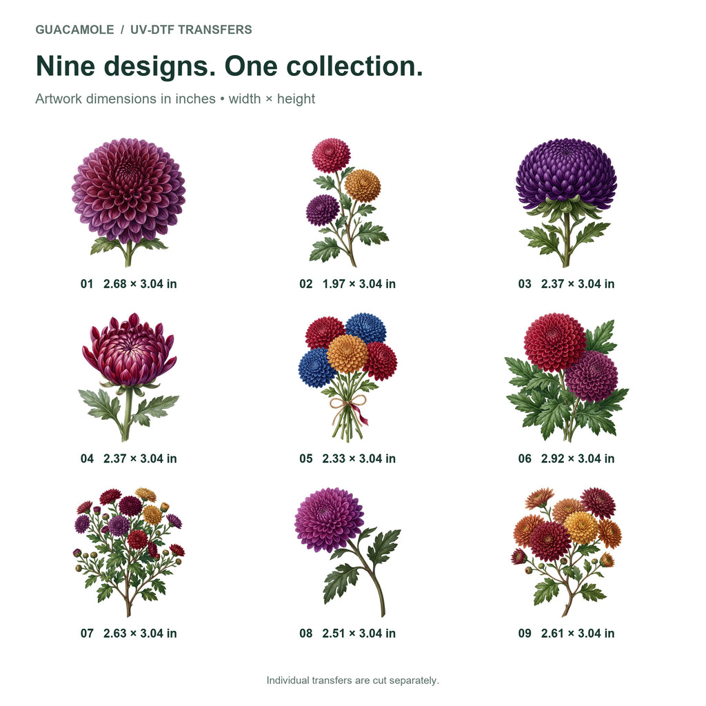 Chrysanthemum Pompons — Nine designs and sizes