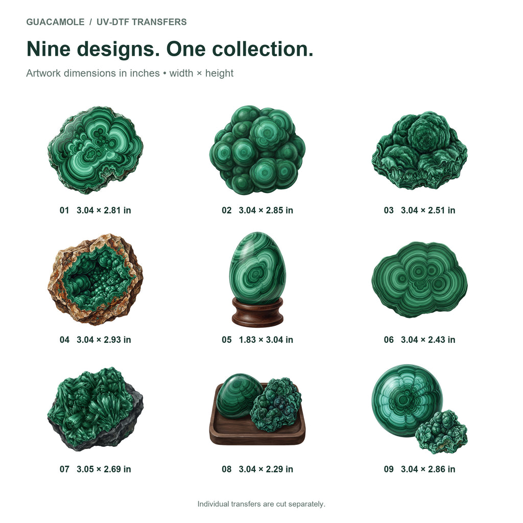 Malachite Mineral Specimens — Nine designs and sizes