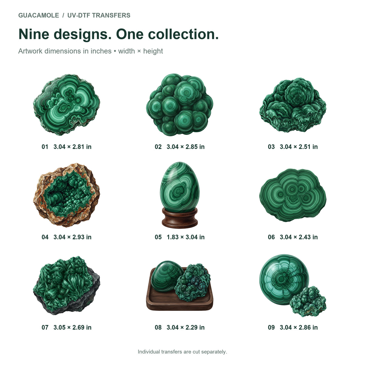Malachite Mineral Specimens — Nine designs and sizes