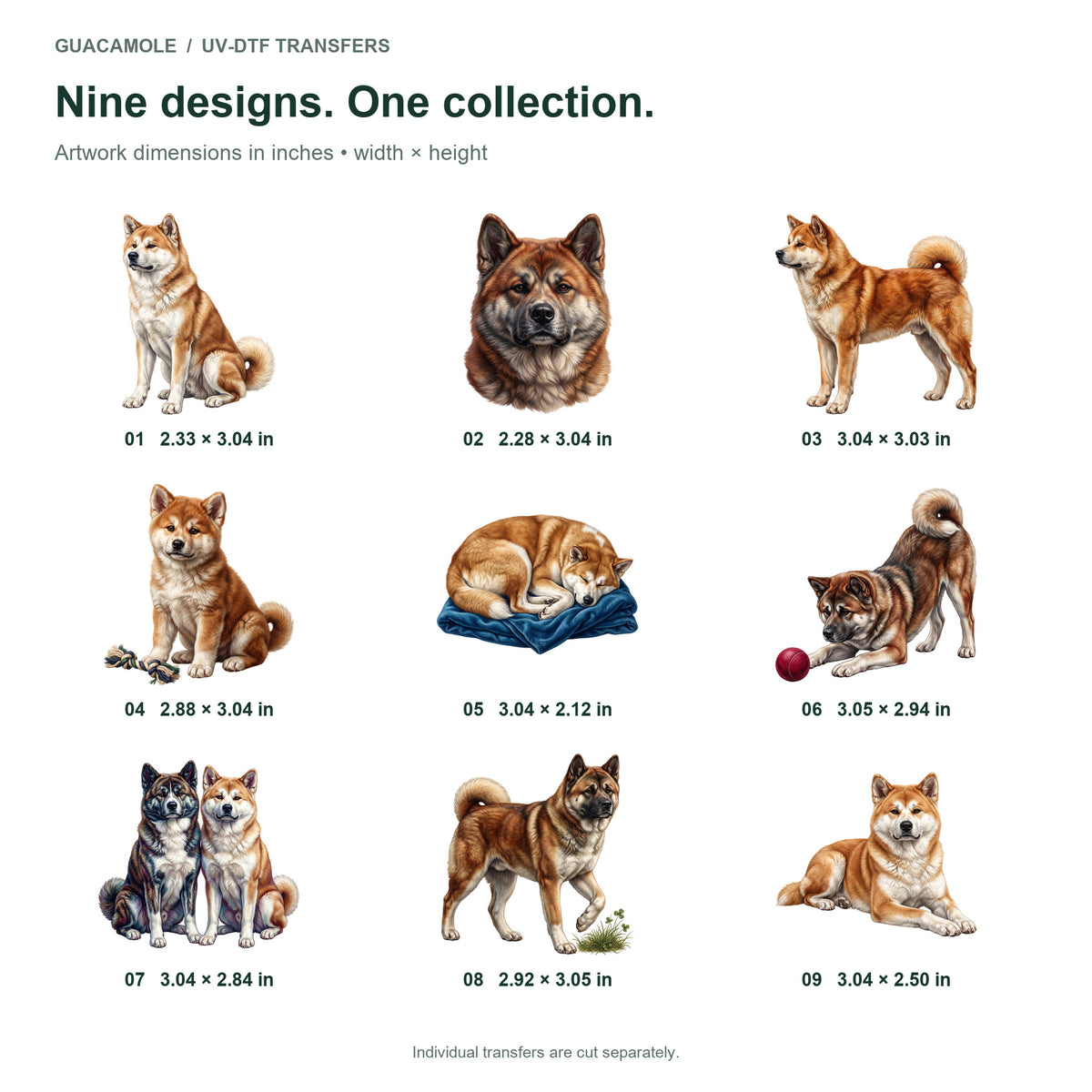 Akitas — Nine designs and sizes