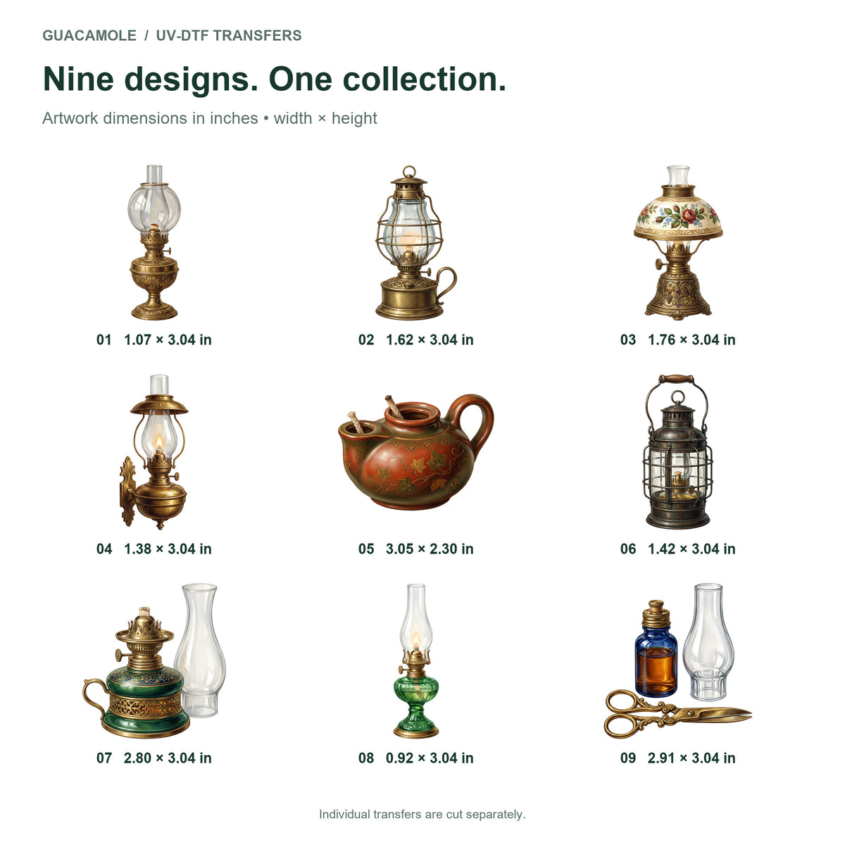 Antique Oil Lamps — Nine designs and sizes