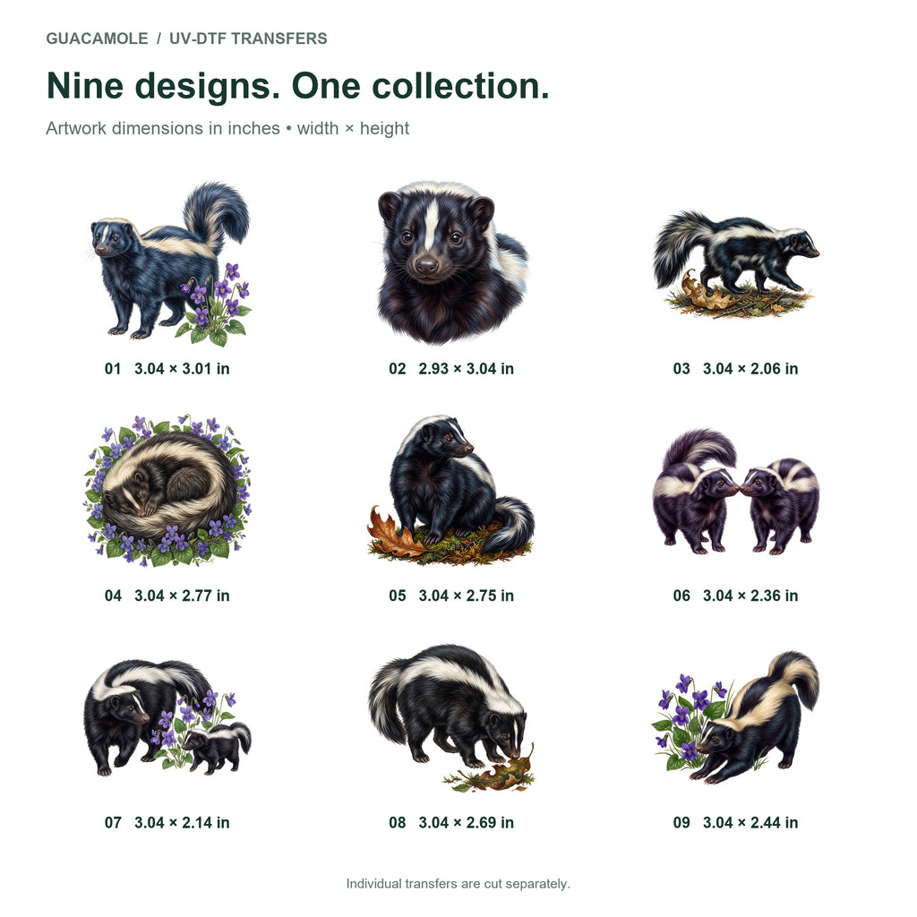 Skunk Woodland Strolls — Nine designs and sizes