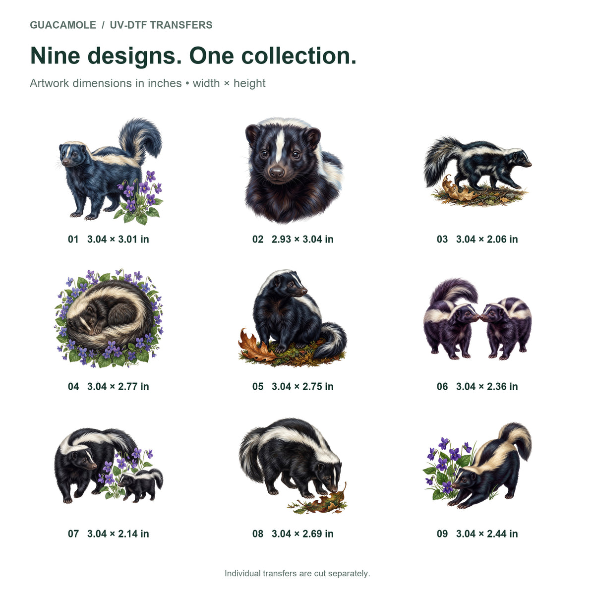 Skunk Woodland Strolls — Nine designs and sizes