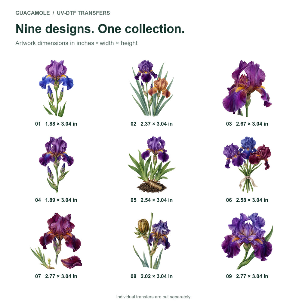 Bearded Irises — Nine designs and sizes