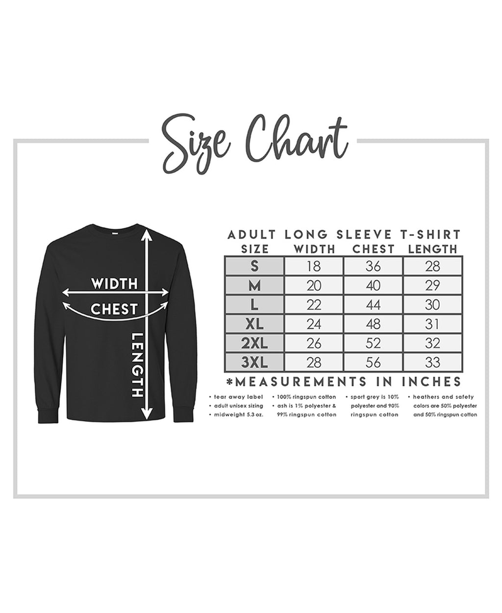 Security Staff Long Sleeve Tee size chart